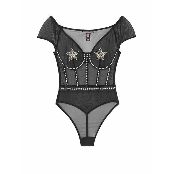 Victoria’s Secret Star Teddy Black Bodysuit Swarovski Rhinestones Medium - Picture 3 of 16